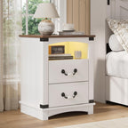 Maupvit Farmhouse Night Stand with Charger Station & Ceramic Handle, Wood Nightstand with 2 Storage Drawers, LED Bedroom Nightstand, Bedside Tables, Antique White