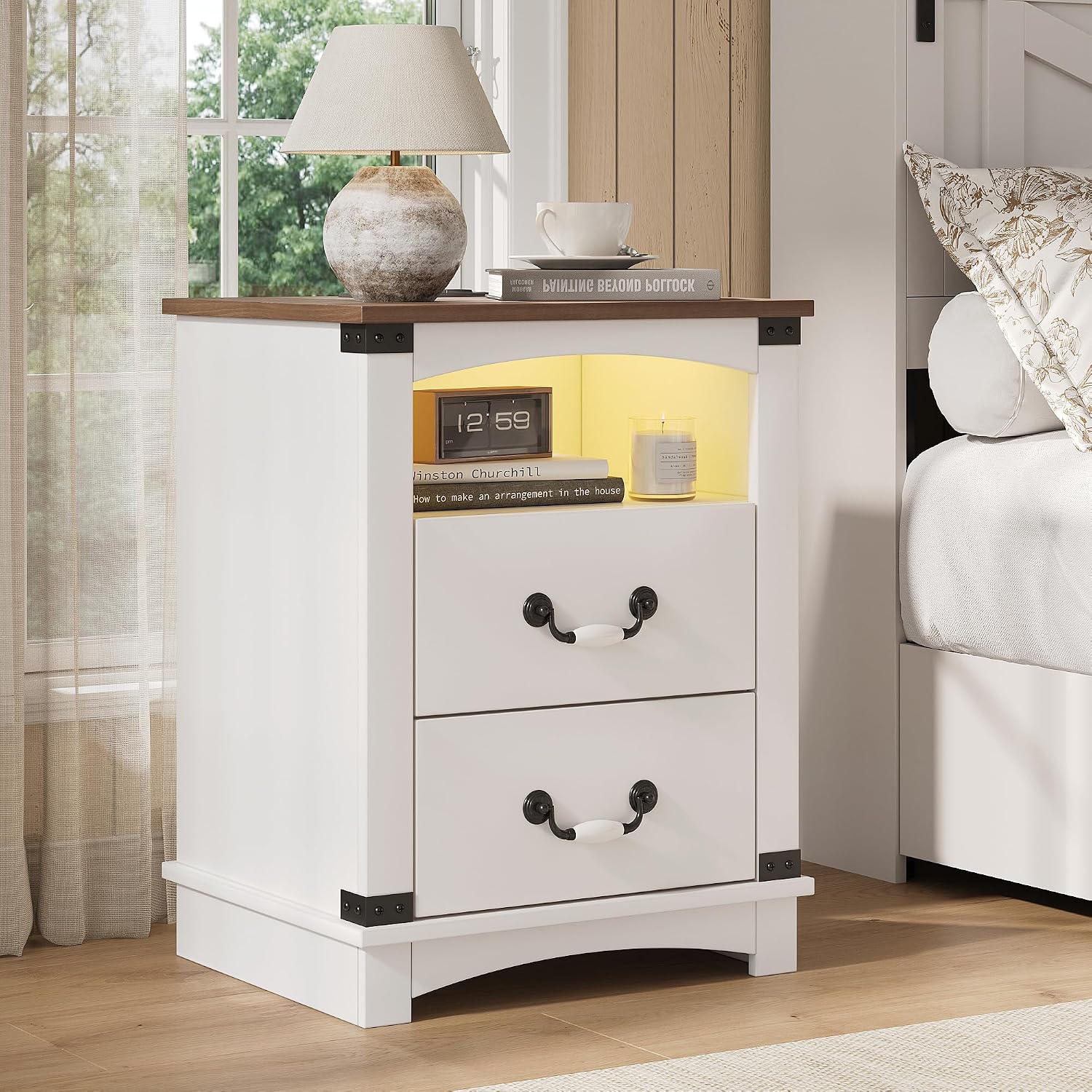 Maupvit Farmhouse Night Stand with Charger Station & Ceramic Handle, Wood Nightstand with 2 Storage Drawers, LED Bedroom Nightstand, Bedside Tables, Antique White
