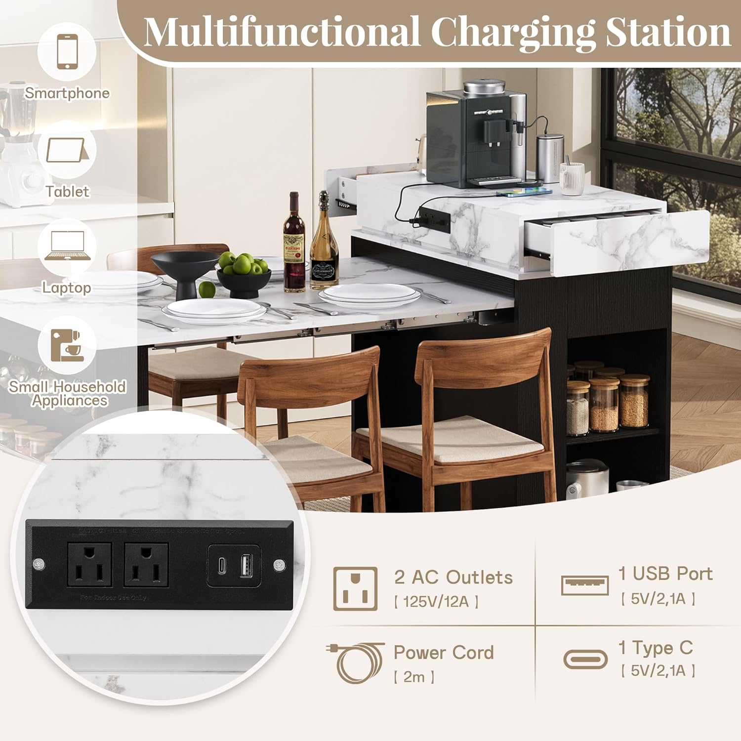 Extendable Dining Table with Folding Tabletop, Bar Table with Drawers and Power Outlet, Kitchen Island with Wheels and Hooks, Sideboard for Kitchen and Dining Room (Black+Marble White)