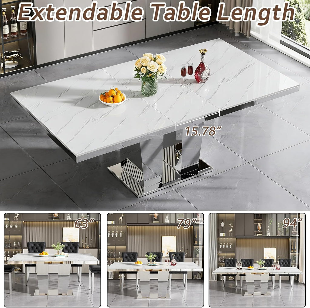 63"-94" Modern Extendable Dining Room Table for 6 8 10, Large White Faux Marble Expandable Kitchen Table with Mirrored Columnar Pedestal Base for Home Kitchen Dining Room Family Gathering