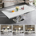 63"-94" Modern Extendable Dining Room Table for 6 8 10, Large White Faux Marble Expandable Kitchen Table with Mirrored Columnar Pedestal Base for Home Kitchen Dining Room Family Gathering