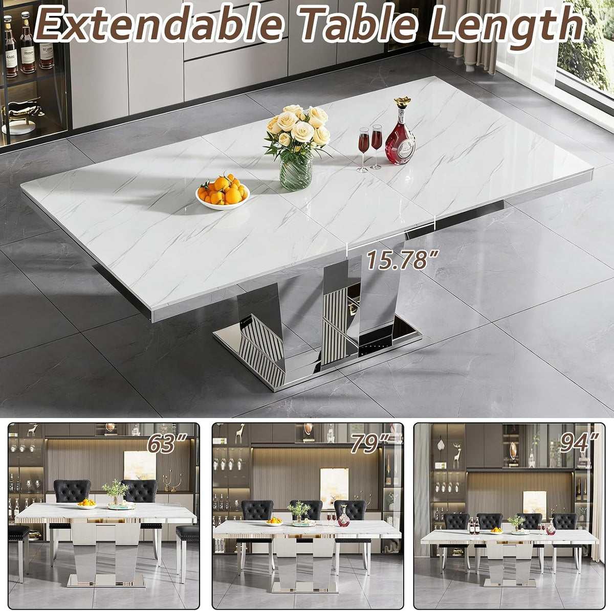 63"-94" Modern Extendable Dining Room Table for 6 8 10, Large White Faux Marble Expandable Kitchen Table with Mirrored Columnar Pedestal Base for Home Kitchen Dining Room Family Gathering