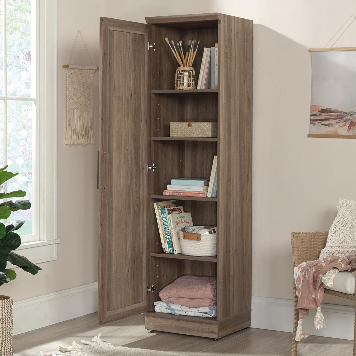 Sauder HomePlus Kitchen Pantry Storage Cabinet Slim Single Door with Adjustable Shelves, Living Room Storage Cabinet, in Salt Oak