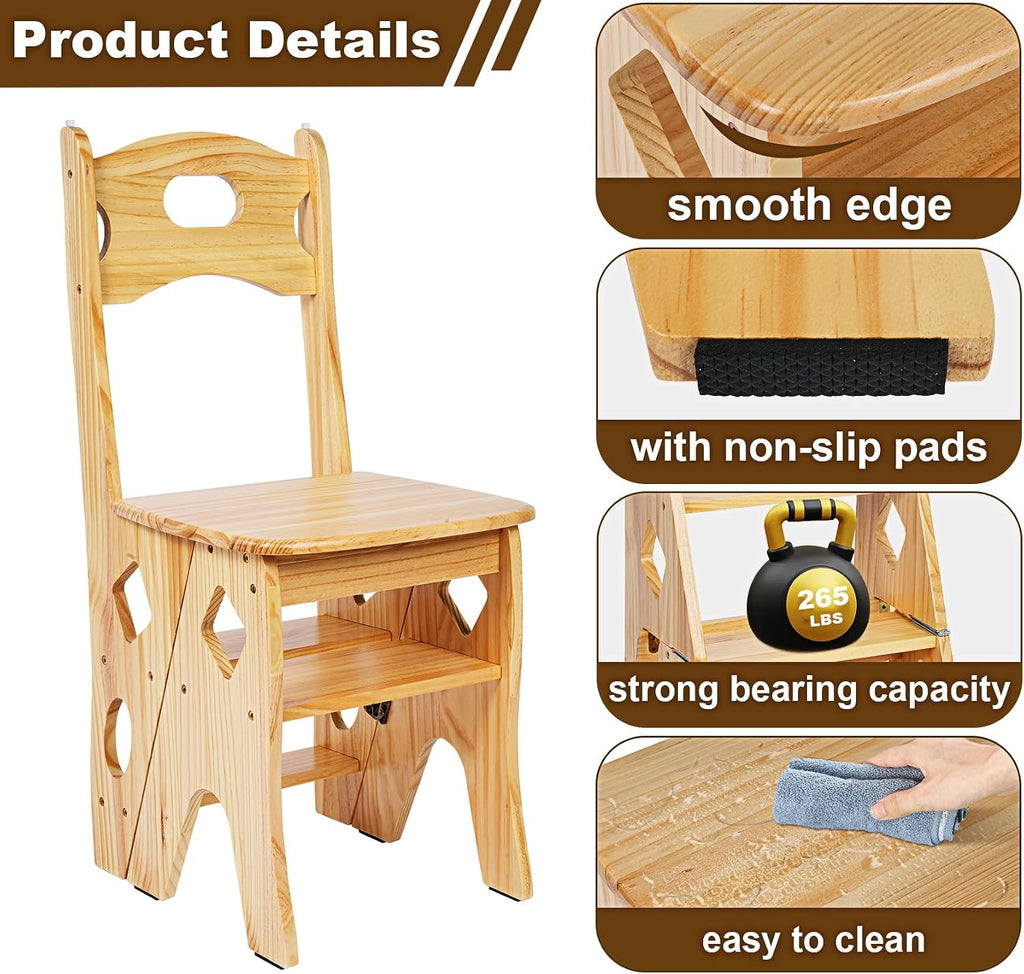 4 Step Foot Stool Chair 3 in 1 Wooden Library Ladder Solid Folding Portable Wood Display Stand Flower Rack Indoor Stepladder Shoe Bench for Home, Library, Kitchen, Office
