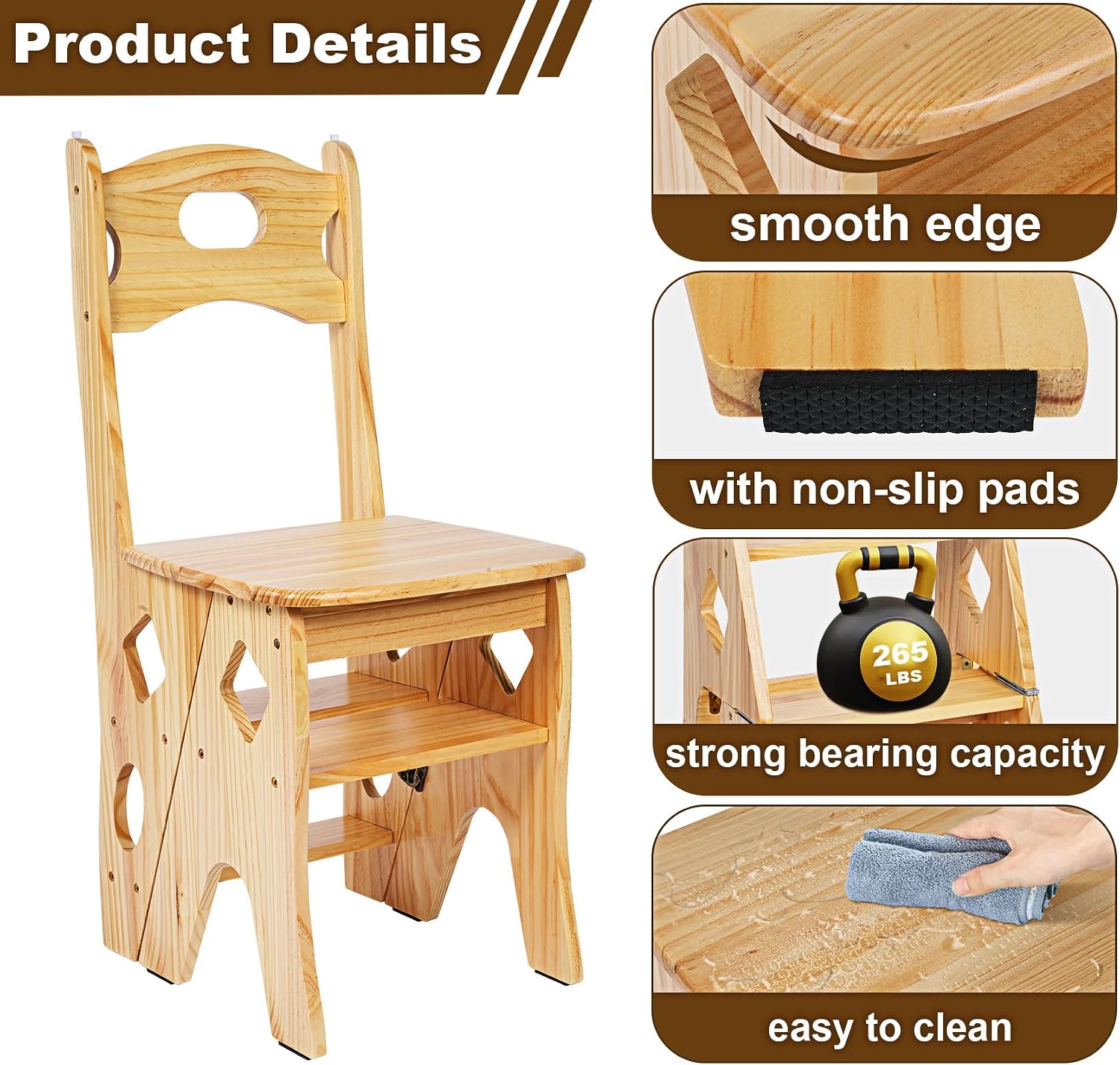 4 Step Foot Stool Chair 3 in 1 Wooden Library Ladder Solid Folding Portable Wood Display Stand Flower Rack Indoor Stepladder Shoe Bench for Home, Library, Kitchen, Office