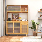 67" Tall Kitchen Pantry Storage Cabinet, Bamboo Hutch Cabinet with Microwave Shelf, Drawer, Tempered Glass/Rattan Doors, Wine Glass Holder, Freestanding Buffet Cupboard for Dining Room