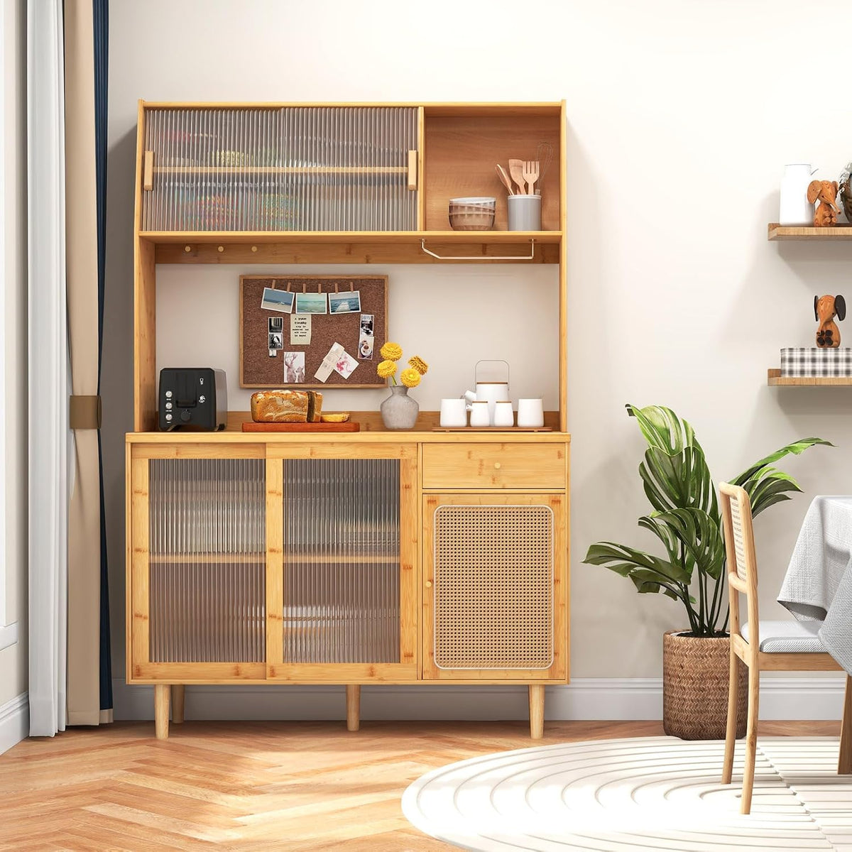67" Tall Kitchen Pantry Storage Cabinet, Bamboo Hutch Cabinet with Microwave Shelf, Drawer, Tempered Glass/Rattan Doors, Wine Glass Holder, Freestanding Buffet Cupboard for Dining Room