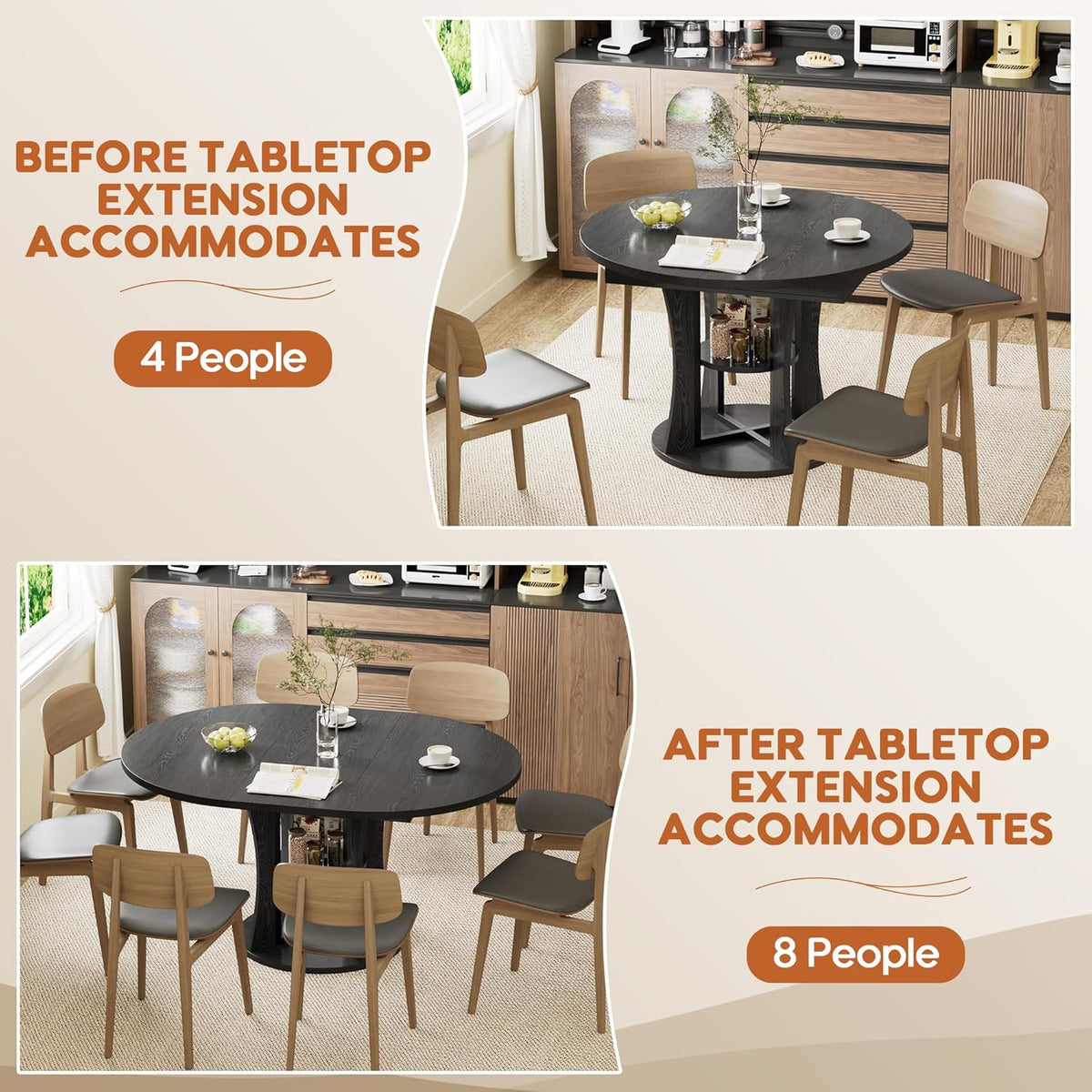 43.3''-59'' Extendable Round Dining Table for 4-8, Expandable Kitchen Table with Storage Shelf, Space Saving Circle Kitchen Table, Round Oval Dining Room Table for Living Room