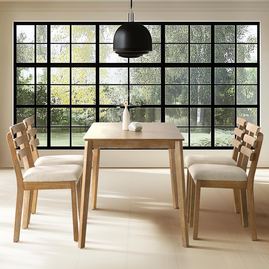 Farmhouse Dining Table Set for 4, Wooden Kitchen Table & Solid Wood Chairs | 4 Upholstered Chairs, Modern Rectangular Dining Room Table and Chairs for Kitchen, Small Spaces, Rubberwood Legs, 5-Piece