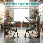 Litex Adjustable Drafting Table with Stool, Glass Top Art Desk for Drawing & Painting, 0–75° Tilting Tabletop, Height Adjustable Craft Desk with Storage Drawers for Home Office Studio (Black)