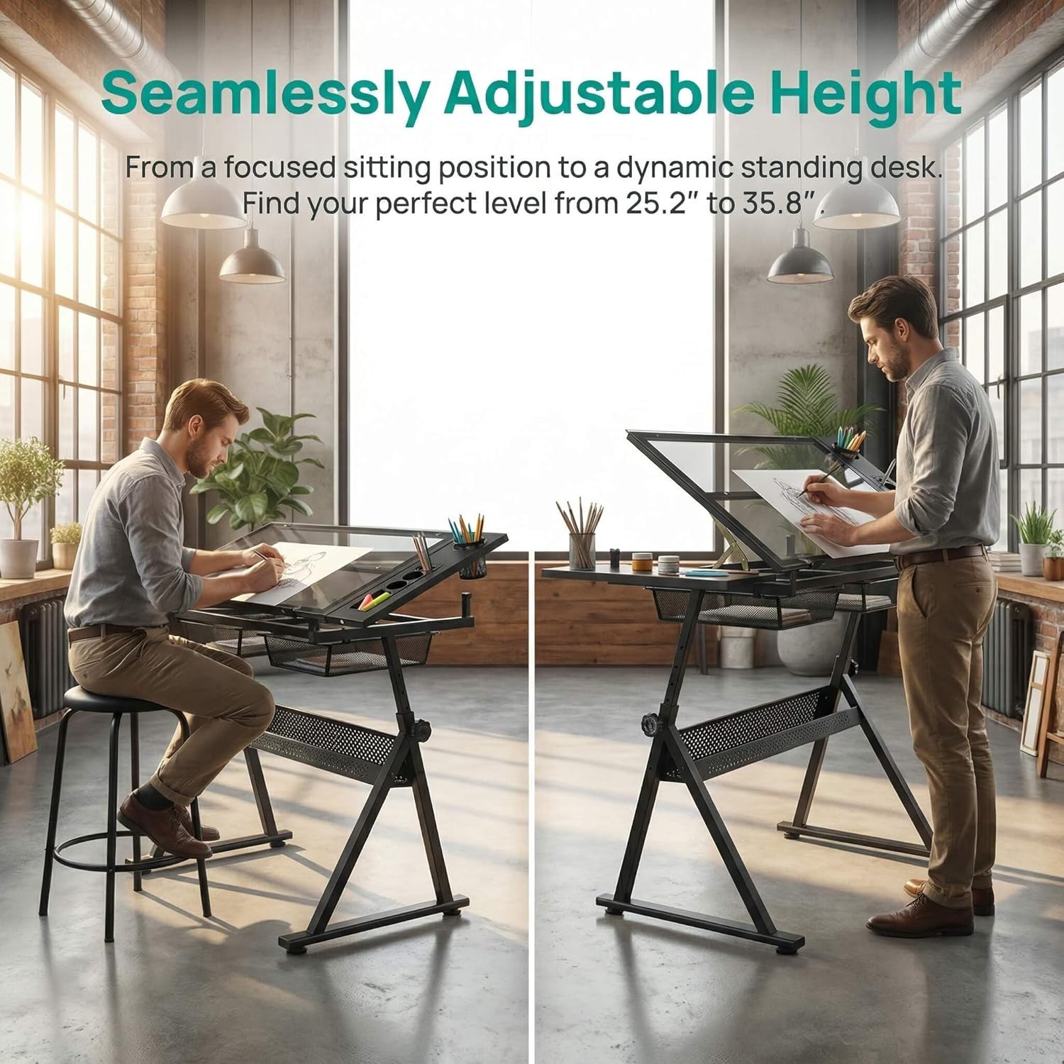 Litex Adjustable Drafting Table with Stool, Glass Top Art Desk for Drawing & Painting, 0–75° Tilting Tabletop, Height Adjustable Craft Desk with Storage Drawers for Home Office Studio (Black)