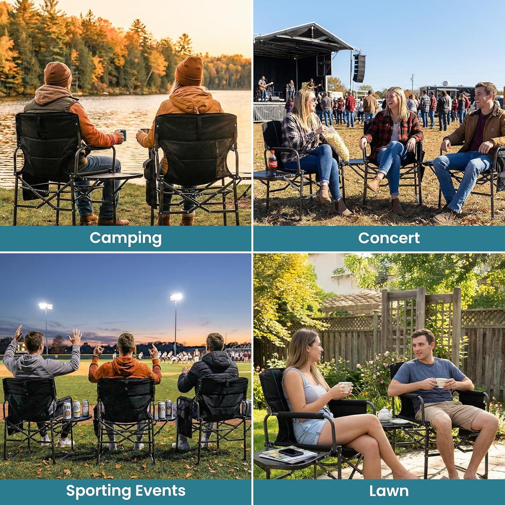 FUNDANGO Oversized Folding Chairs for Outside, Fully Padded Camping Director Chair for Adults, Support 450lbs Portable lawn chairs with Side Table, Side Pockets for outdoor Camp, Picnic, Lawn, Concert
