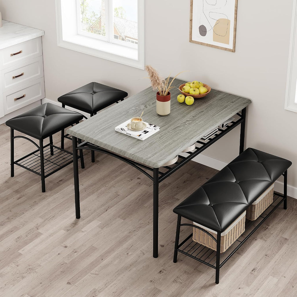 GAOMON Dining Table with Benches, Kitchen Table Set for 4, Dining Room Table Set with Upholstered Bench and Square Stools, Metal and Wood Dining Table Set for 4 with Storage for Small Space-Grey