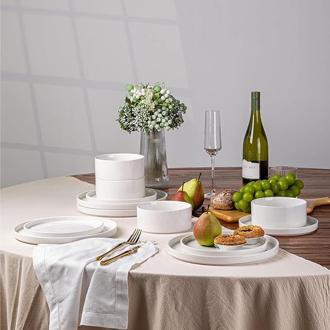 LERATIO Ceramic Dinnerware Sets for 4,Plates and Bowls Sets,Handmade Reactive Glaze Dishes Set,Scratch Resistant | Oven&Dishwasher & Microwave Safe,Service for 4-White
