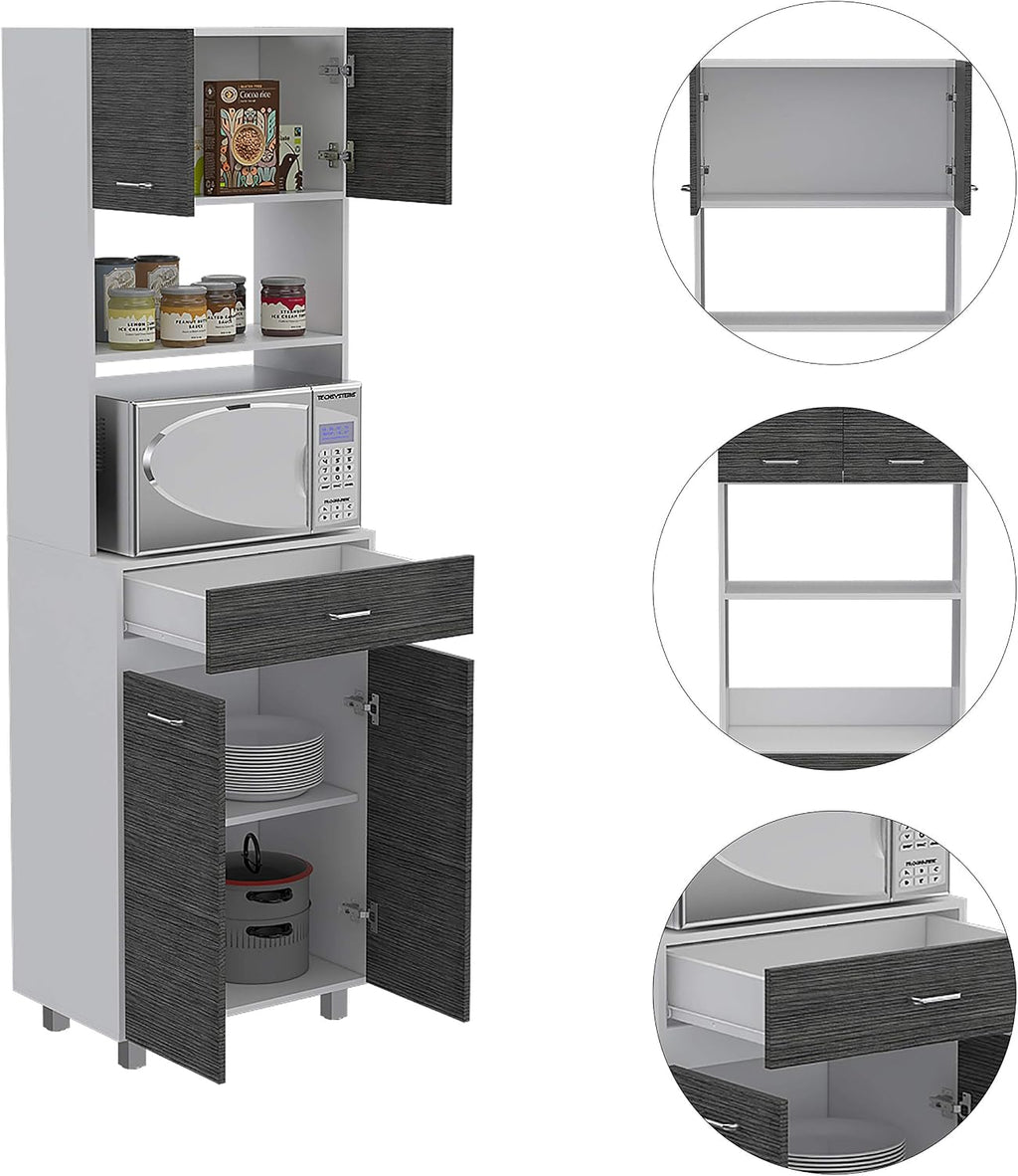 FM FURNITURE Auburn Microwave Pantry with 2 Cabinets, 2 Open Shelves, and Drawer, Smokey Oak/White