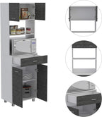 FM FURNITURE Auburn Microwave Pantry with 2 Cabinets, 2 Open Shelves, and Drawer, Smokey Oak/White