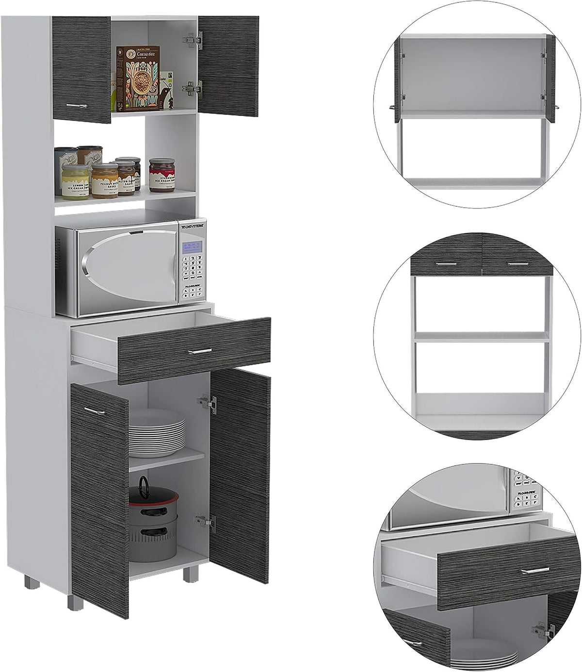 FM FURNITURE Auburn Microwave Pantry with 2 Cabinets, 2 Open Shelves, and Drawer, Smokey Oak/White