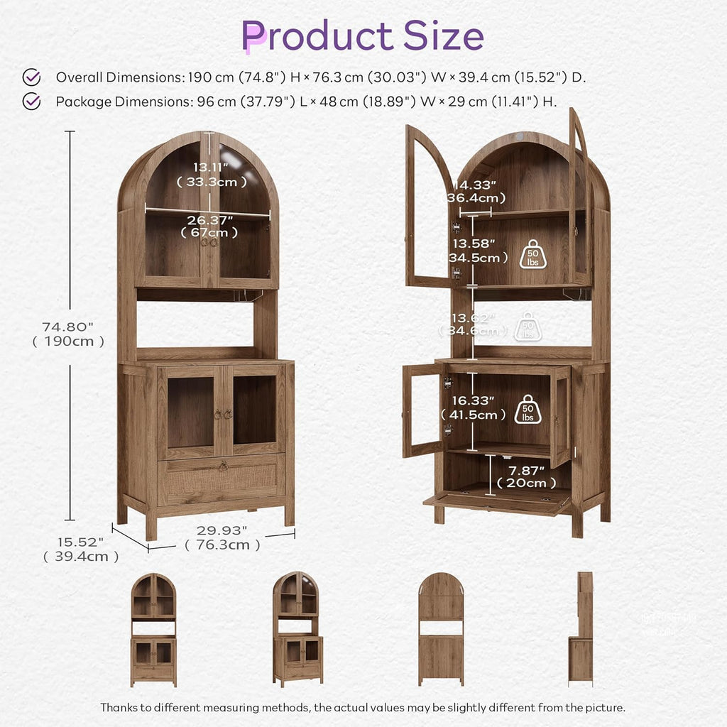 TYBOATLE 75'' Tall Arched Pantry Cabinet w/Accessible Storage Area, China Cabinet w/Anti-Tipping Device and Innovative Drawer, Versatile Cupboard for Kitchen, Dining