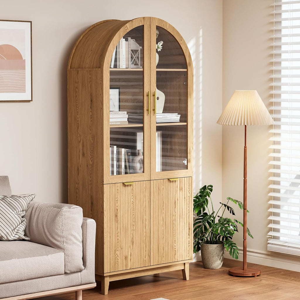 Pamapic 71" Tall Arched Cabinet, Fluted Kitchen Pantry with Glass Doors & Adjustable Shelves, Arch Storage Cabinet, Wooden Pantry for Dining Room, Living Room (Natural)