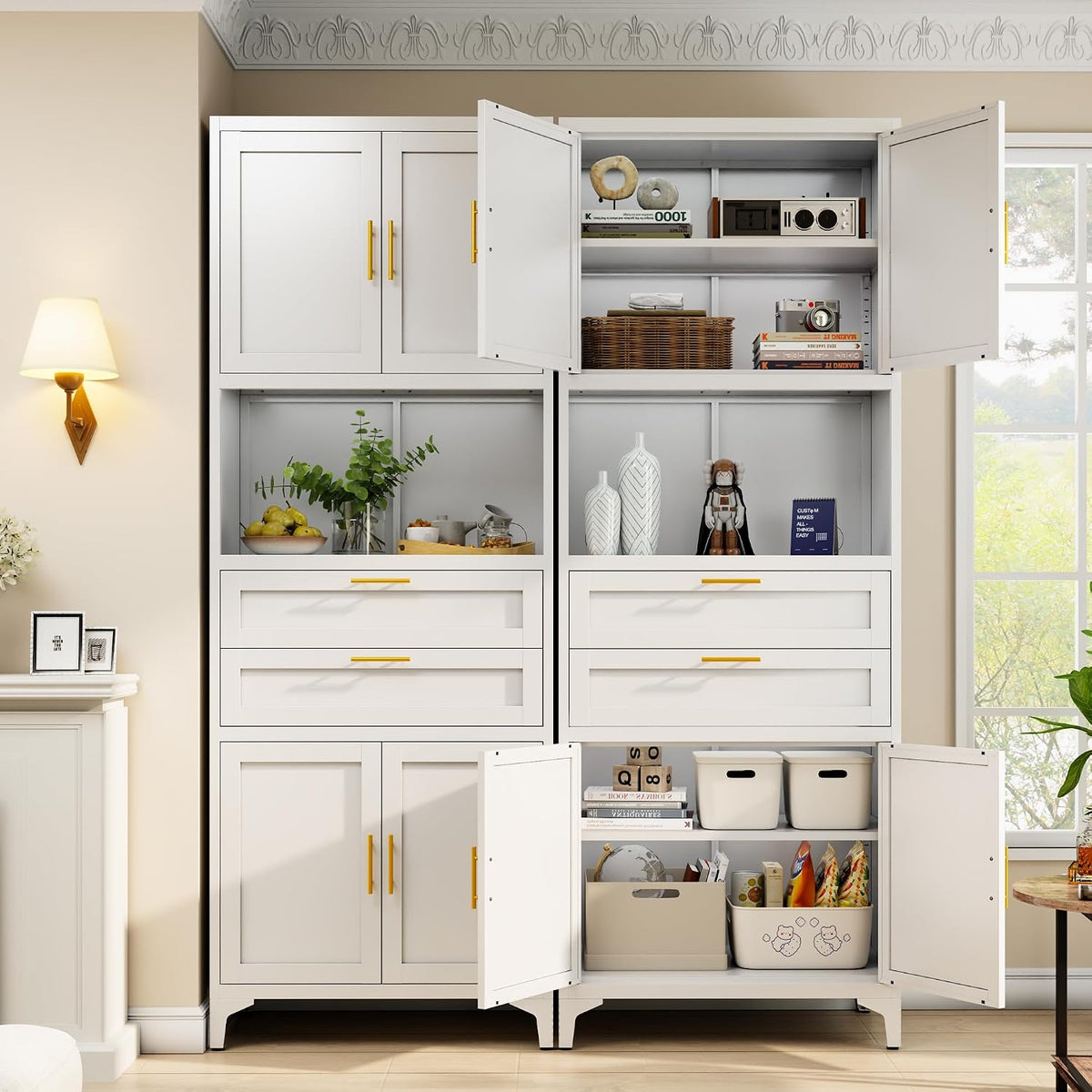75” Tall Kitchen Pantry Storage Cabinet, Metal Bathroom Storage Cabinet with 2 Drawers and Adjustable Shelves, Kitchen Pantry Cupboard, Freestanding Cupboard for Bathroom, Living Room (White)