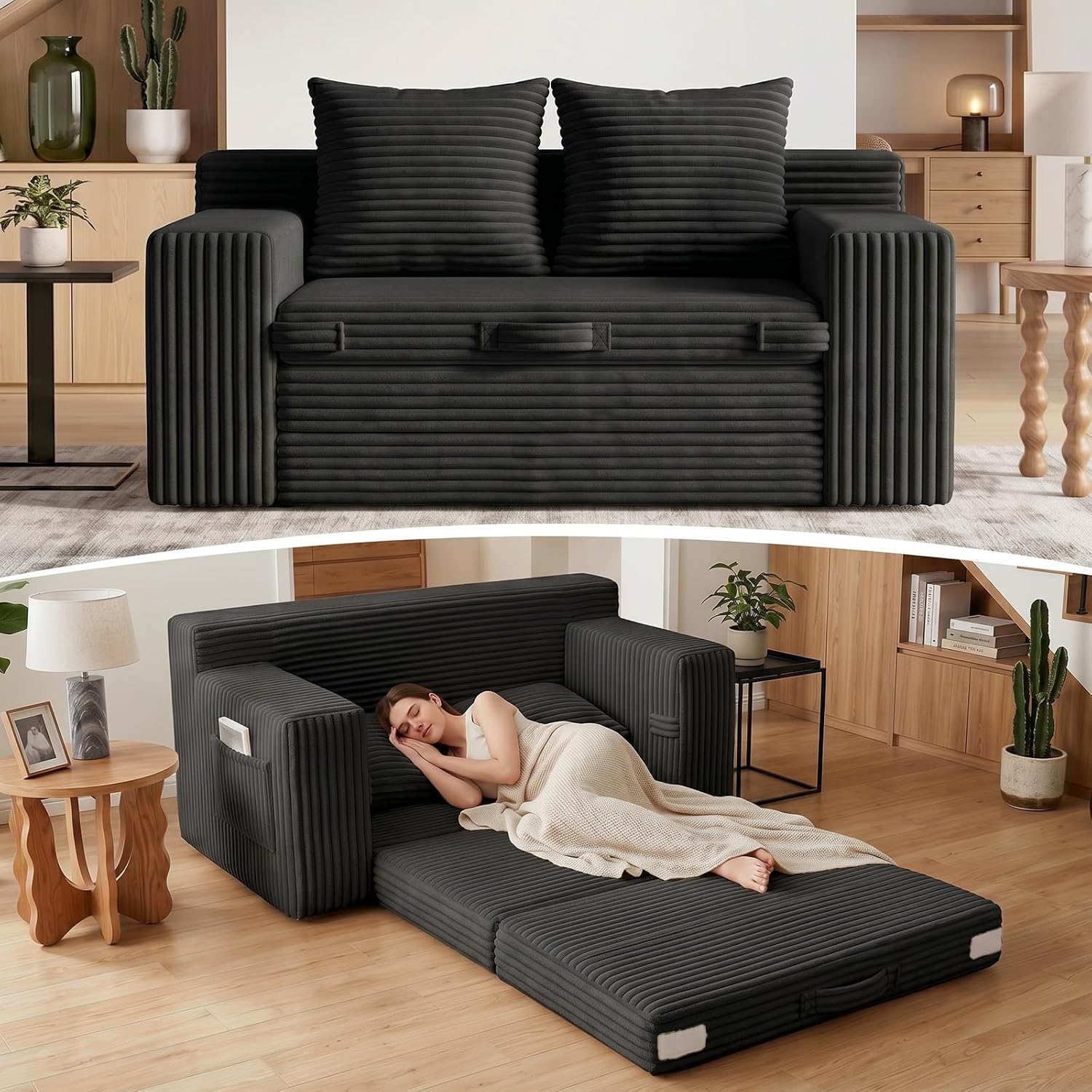Loveseat Sofa Bed, Tri-Folding Convertible Futon Sleeper with Handle & Side Pockets, 54'' Couch with Hook and Loop No Assembly for Small Space,Living Room & Bedroom