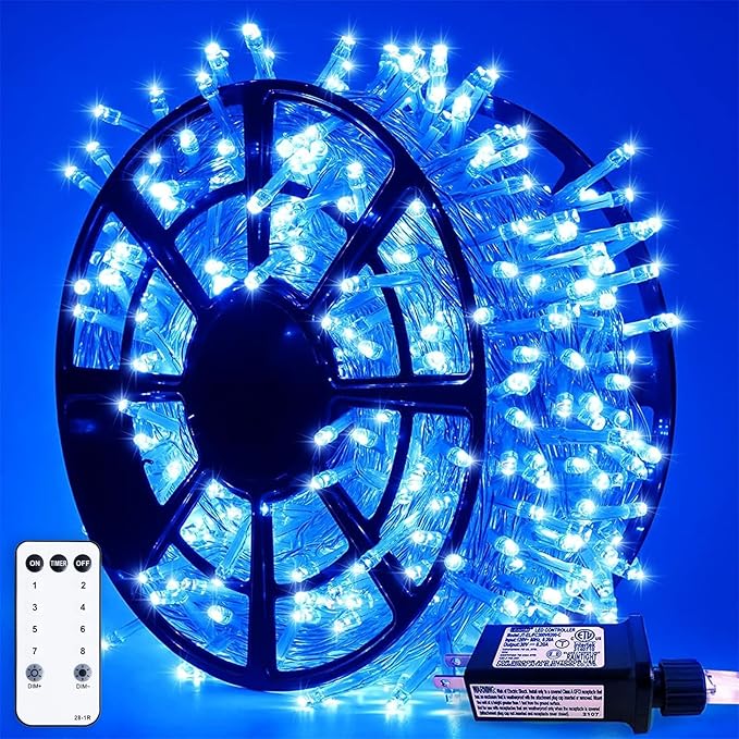 JMEXSUSS 163 FT 500 LED Blue Christmas Lights Outdoor, Waterproof Blue String Light Plug in, 8 Modes Clear Wire Christmas String Lights for Tree Yard Patio House Party Decorations
