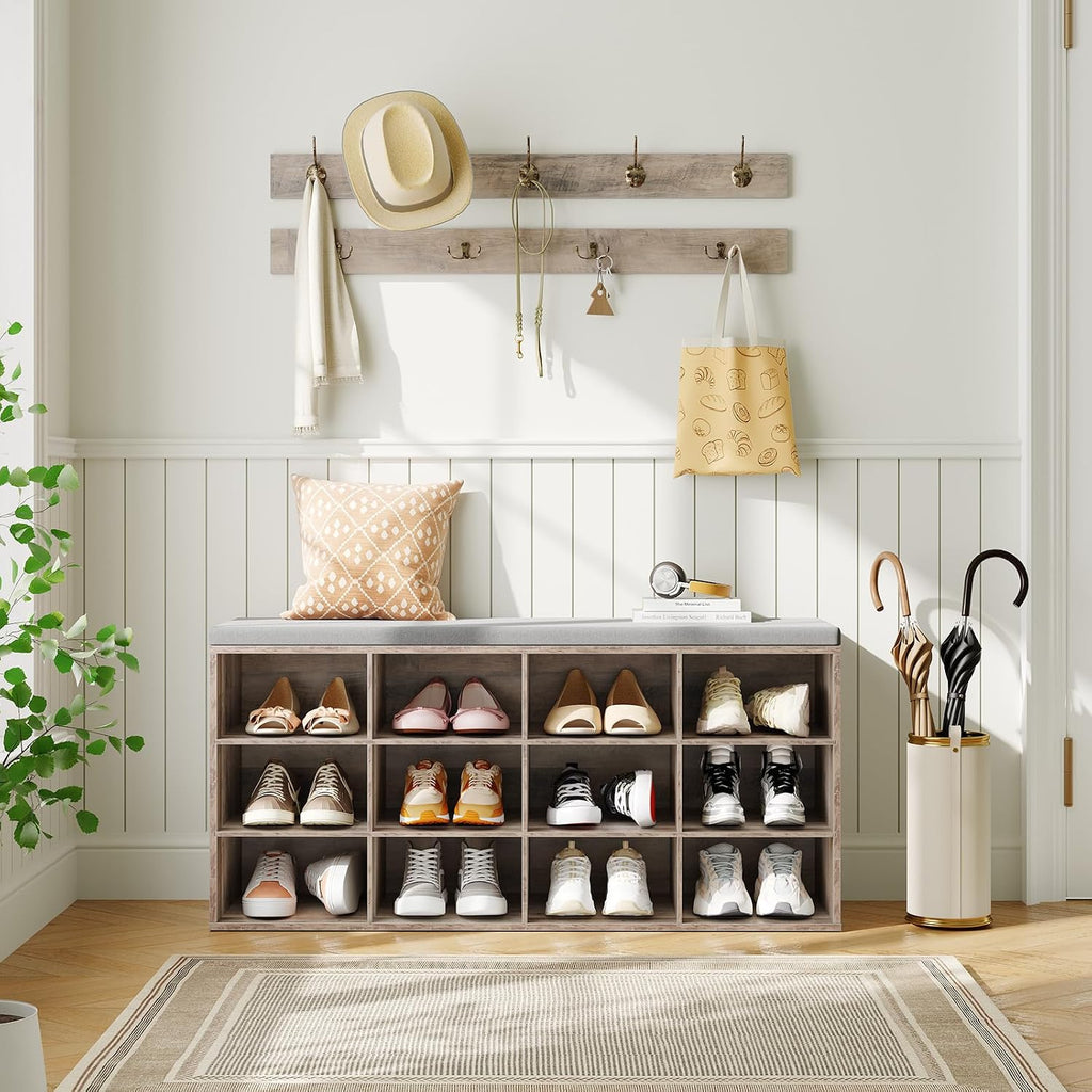 HOOBRO Shoe Storage Bench with Cushion, 39.4" L Entryway Bench with 12 Cubbies, Entryway Hall Tree with Storage, Shoe Cabinet with Coat Rack for Bedroom, Hallway, Holds up to 330 lb, Gray GY112HX01