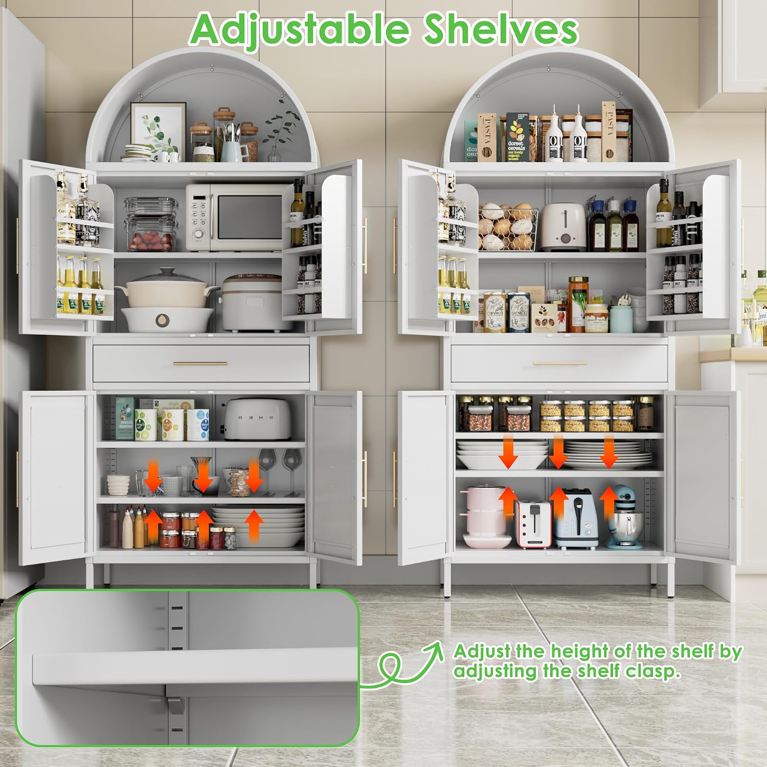 73”H Metal Arched Kitchen Pantry Cabinet with 1 Drawer, Farmhouse Pantry Cabinet with 4 Doors and 3 Adjustable Shelves for Kitchen, Dining Room, White