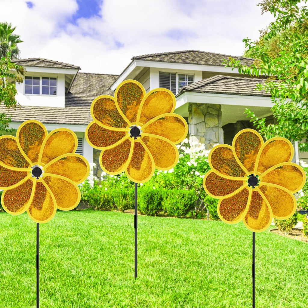 4PCS Flower Wind Spinner Sparkly Lawn Pinwheel 11.8 inch Yellow Garden Windmill for Garden, Party, Outdoor, Yard Decor