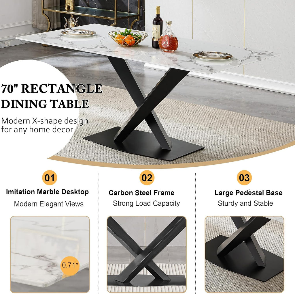 70in Faux Marble Dining Table for 6-8 Person, Modern White Kitchen Dining Room Table with Black X-Shape Carton Steel Pedestal Base, Large Rectangle Dinner Table for Kitchen Dining Room