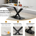 70in Faux Marble Dining Table for 6-8 Person, Modern White Kitchen Dining Room Table with Black X-Shape Carton Steel Pedestal Base, Large Rectangle Dinner Table for Kitchen Dining Room