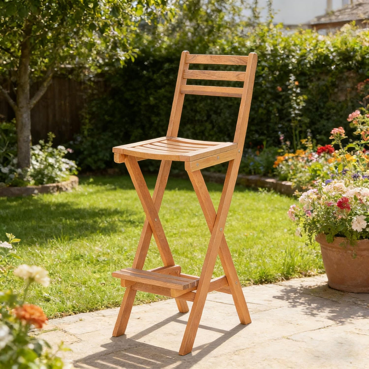 COSTWAY Outdoor Folding Bar Stool, Acacia Wood High Top Chairs with Slatted Backrest, Safety Lock, Space-Saving Patio Barstools for Backyard, Poolside, Garden, Balcony