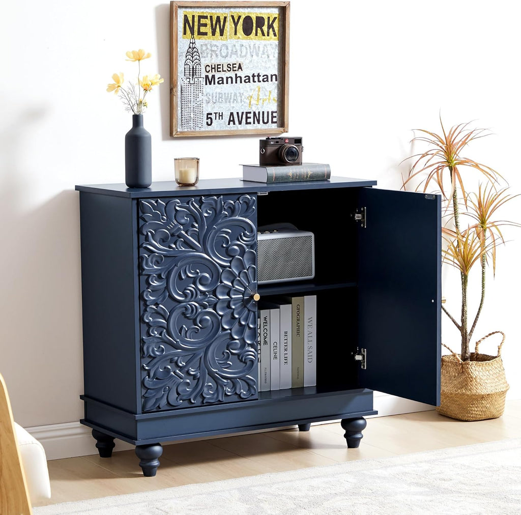 weselon Accent Cabinet with 2 Doors, Luxury Carving Board Storage Sideboard with Adjustable Shelves, Buffet Cabinet Entryway Table for Living Room (Midnight Blue)