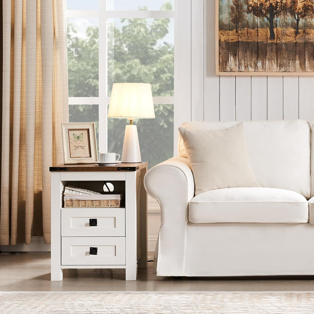 T4TREAM Farmhouse Nightstand Set of 2, Rustic End Table with 2 Drawers, Charging Station, Storage Open Shelf for Bedroom, Living Room, Wood Side Table, Antique White