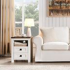 T4TREAM Farmhouse Nightstand Set of 2, Rustic End Table with 2 Drawers, Charging Station, Storage Open Shelf for Bedroom, Living Room, Wood Side Table, Antique White