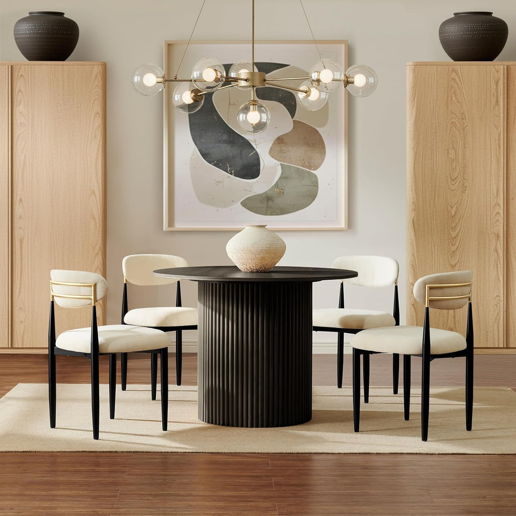 Morden Fort White Set of 2 Armless Upholstered Chenille Dining Chairs with Black Metal Legs and Gold Accent Back