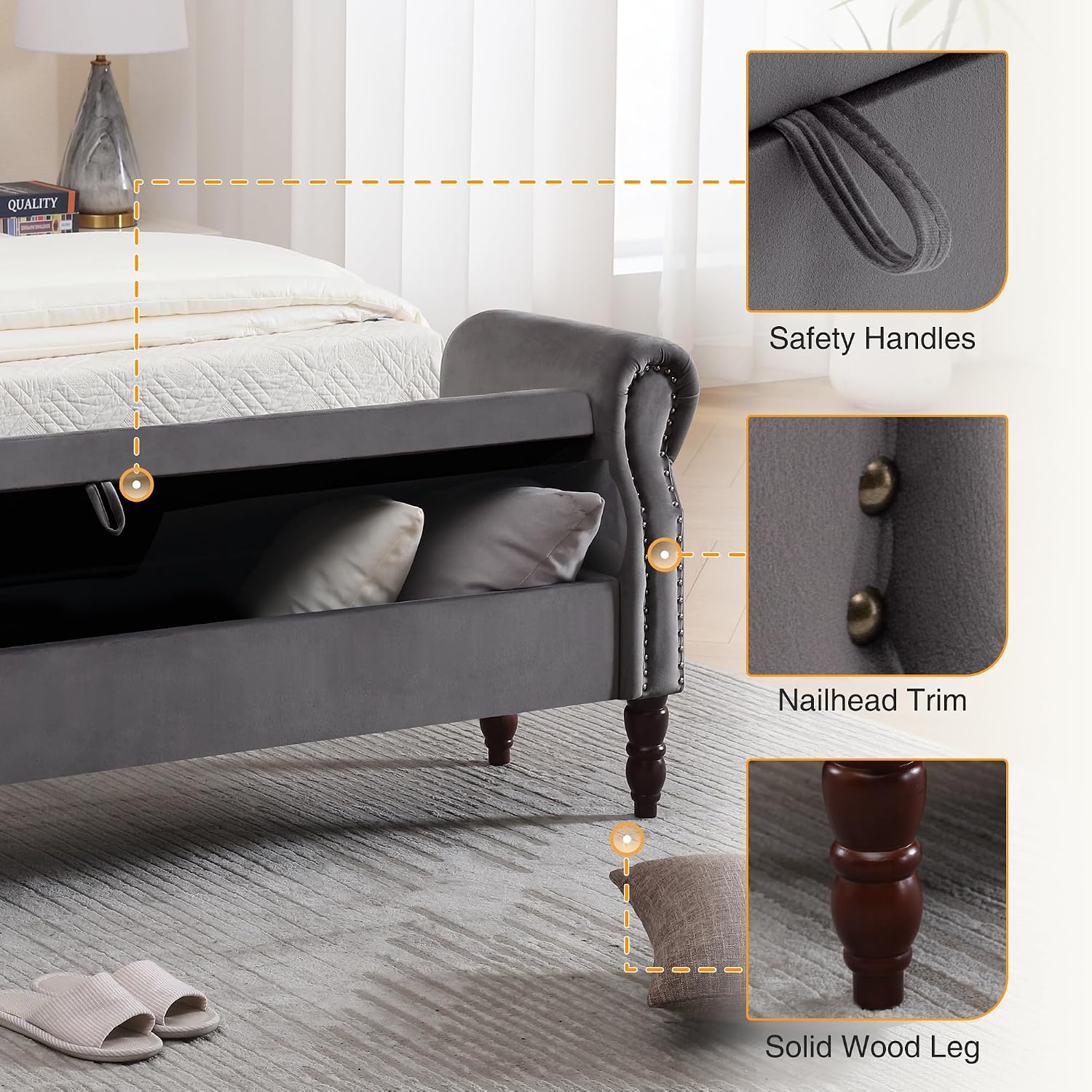 67" End of Bed Storage Bench King Size, Storage Bench for Bedroom, Velvet Bed Bench with Storage Upholstered Tufted Storage Ottoman Bench with Arms for Bedroom, Living Room, Entryway, Dark Grey
