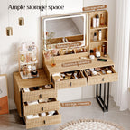 Large Vanity Desk with 3 Color Touch Screen Dimming Mirror, Vanity Desk with Charging Station, Modern Retractable Makeup Dressing Table, Makeup Table With storage shelves and 5 Sliding Drawers, Wood