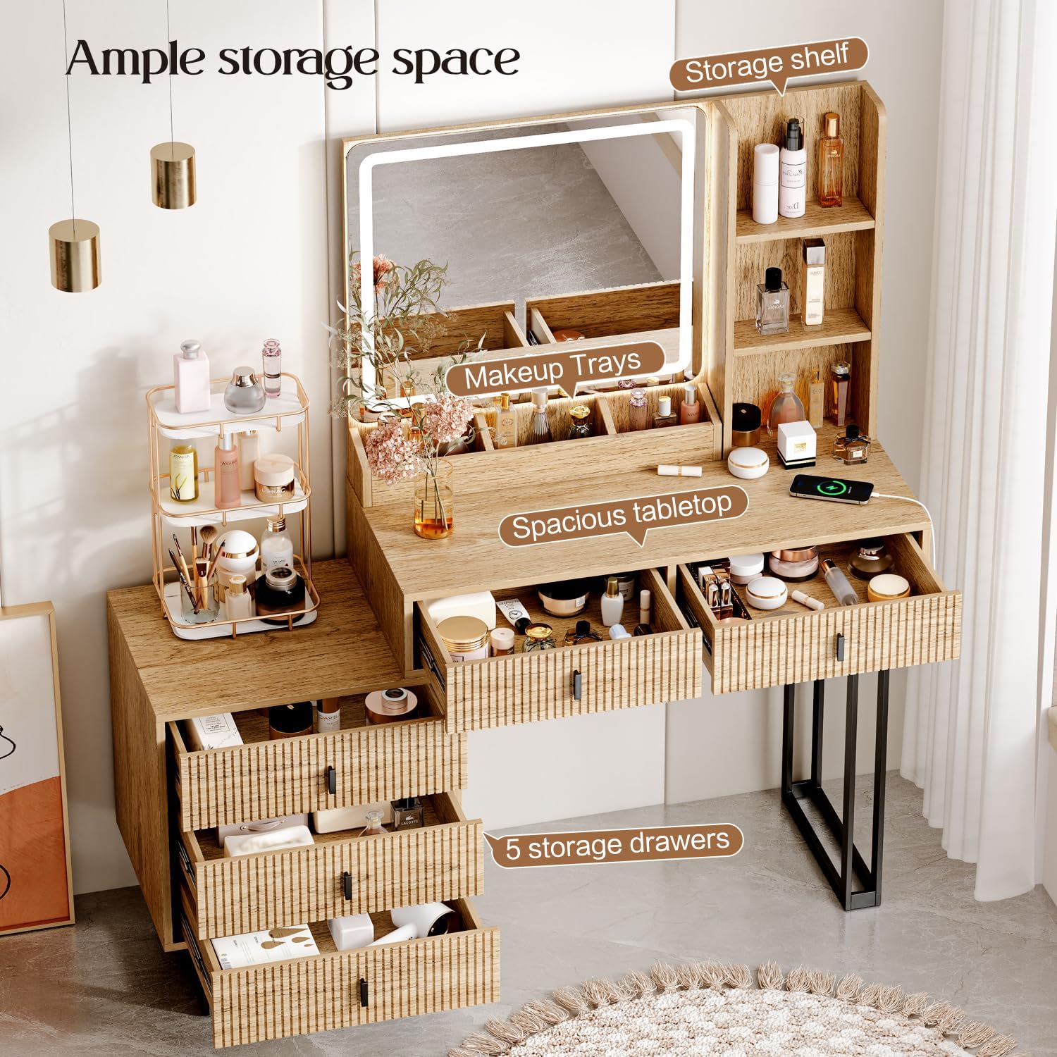 Large Vanity Desk with 3 Color Touch Screen Dimming Mirror, Vanity Desk with Charging Station, Modern Retractable Makeup Dressing Table, Makeup Table With storage shelves and 5 Sliding Drawers, Wood