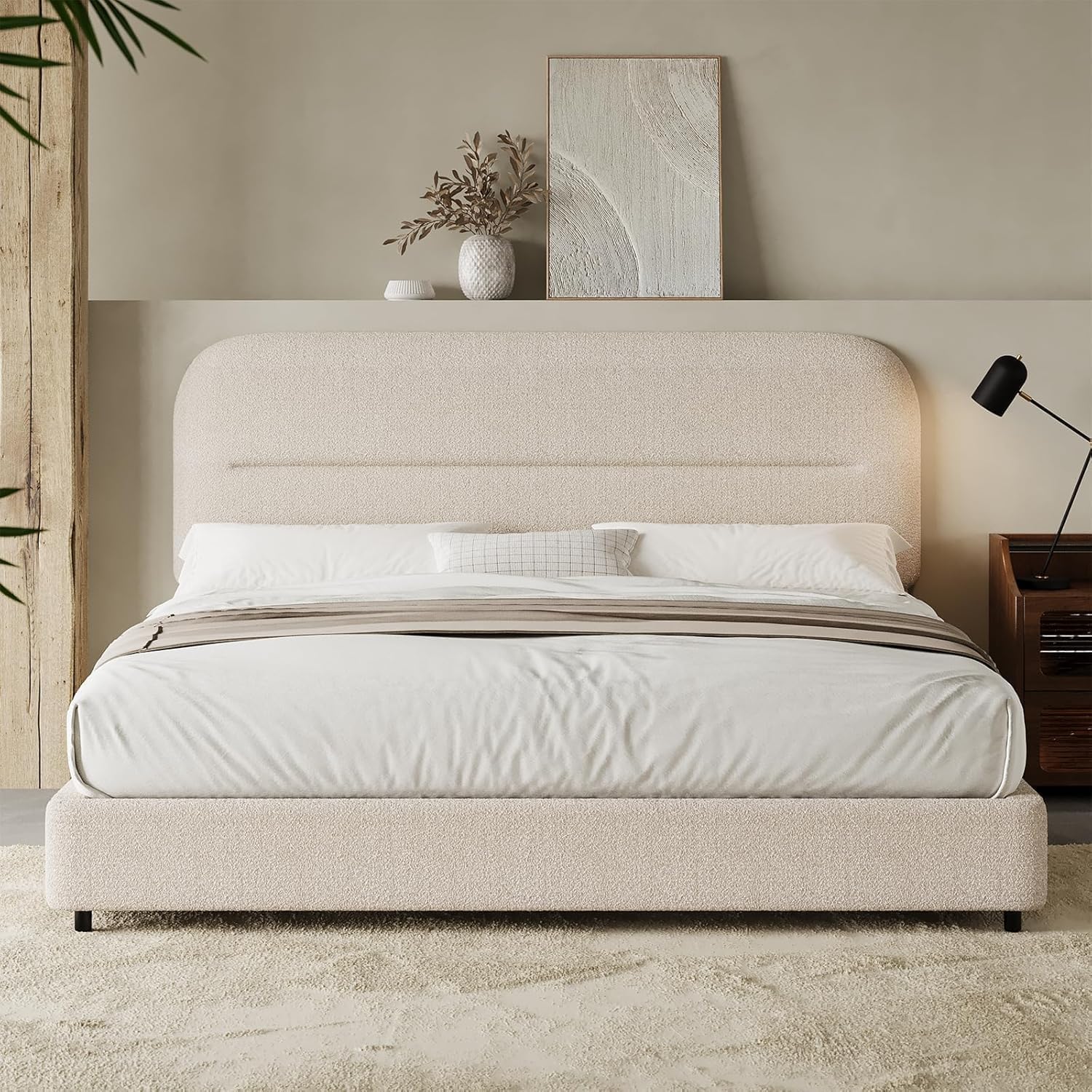 HOMBCK Queen Size Cloud Bed Frame, Beige Plush Boucle Upholstered Bed