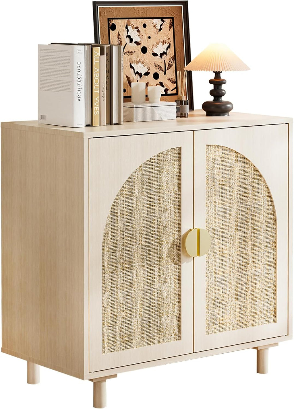 Rattan Cabinet, Storage Sideboard with 2 Doors, Beige Boho Buffet with Adjustable Shelf, Premium Wood Credenza. [Beige, 1pc]