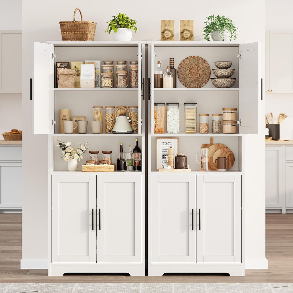 Tall Kitchen Pantry Cabinet with 4 Doors, 70 Inch Freestanding Storage Sideboard, Adjustable Shelves Wooden Cabinet for Living Room, Dining Room, Bathroom, Laundry Room Organization, White