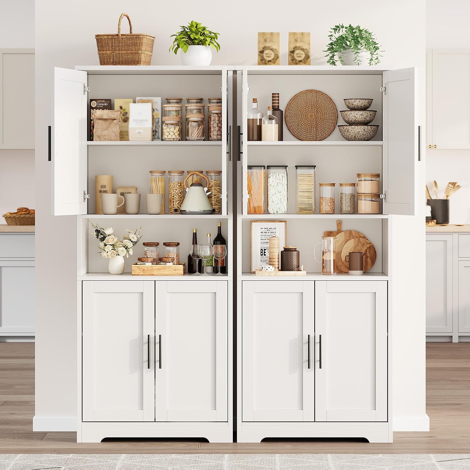 Tall Kitchen Pantry Cabinet with 4 Doors, 70 Inch Freestanding Storage Sideboard, Adjustable Shelves Wooden Cabinet for Living Room, Dining Room, Bathroom, Laundry Room Organization, White