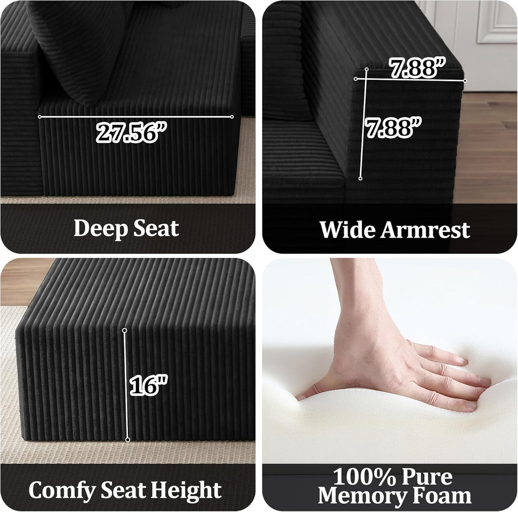 92.5" Modular Sectional Sofa, L-Shaped Cloud Couch with Deep Seats & Chaise, Convertible 4-in-1 Corduroy Couches for Living Room, Bedroom, No Need Assembly - Black(Right Facing Chaise)