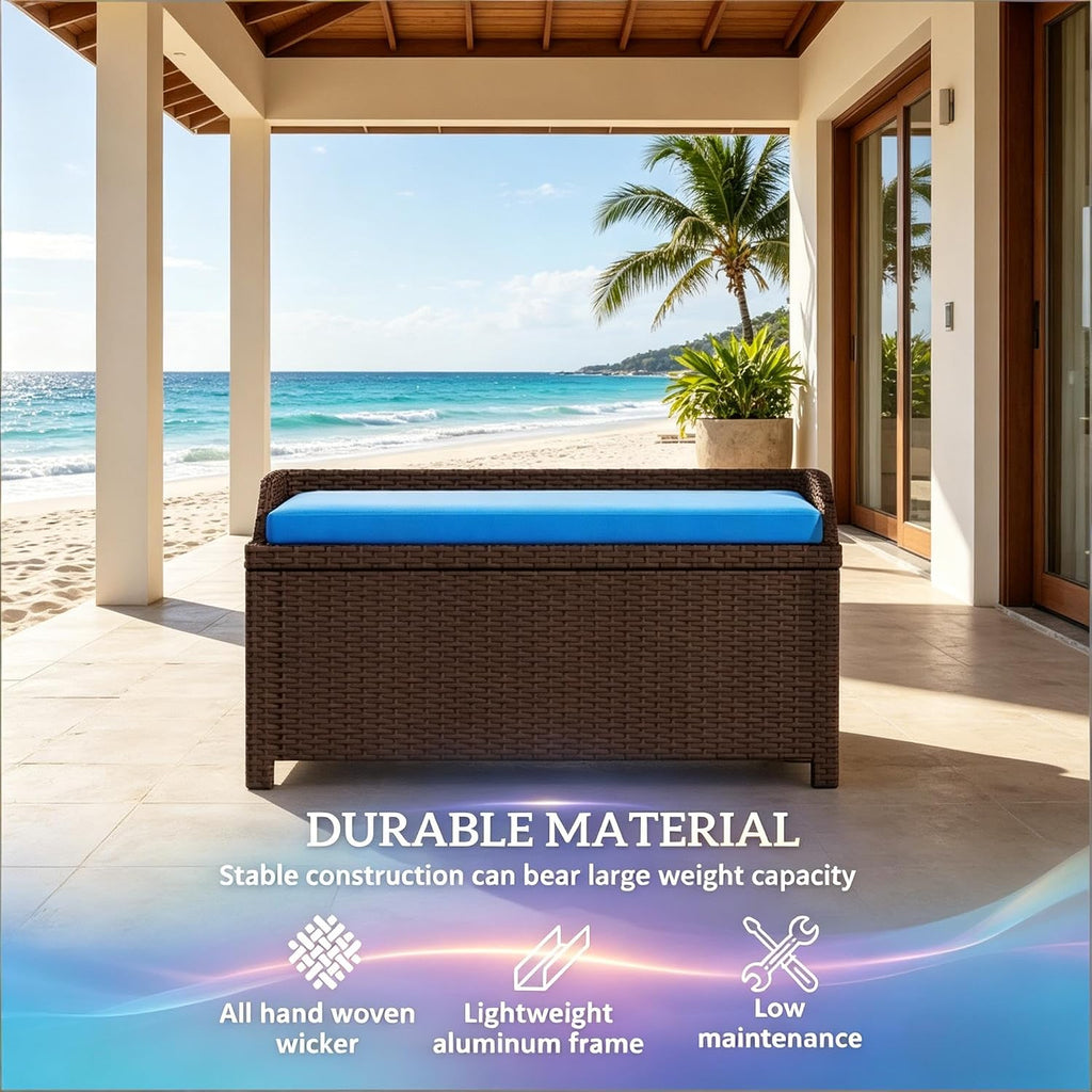 2-in-1 Outdoor Wicker Storage Bench with Cushion - 34 Gallon Patio Deck Box with Gas Struts - Weather-Resistant Aluminum Garden Bench for Porch, Pool & Backyard