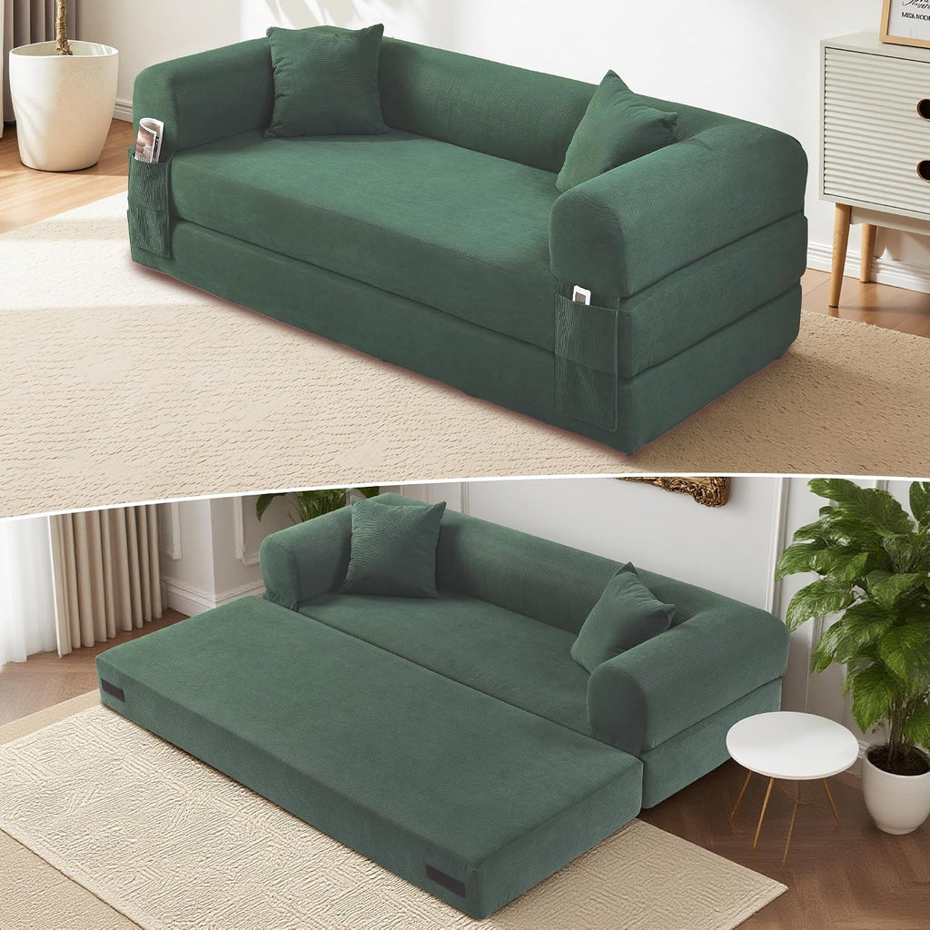 80" Cloud Sleeper Sofa Bed Pull Out Couch, Corduroy Sofa with Side Storage Pocket, Convertible Compression Sofa with Pillows for Living Room Bedroom, Light Green