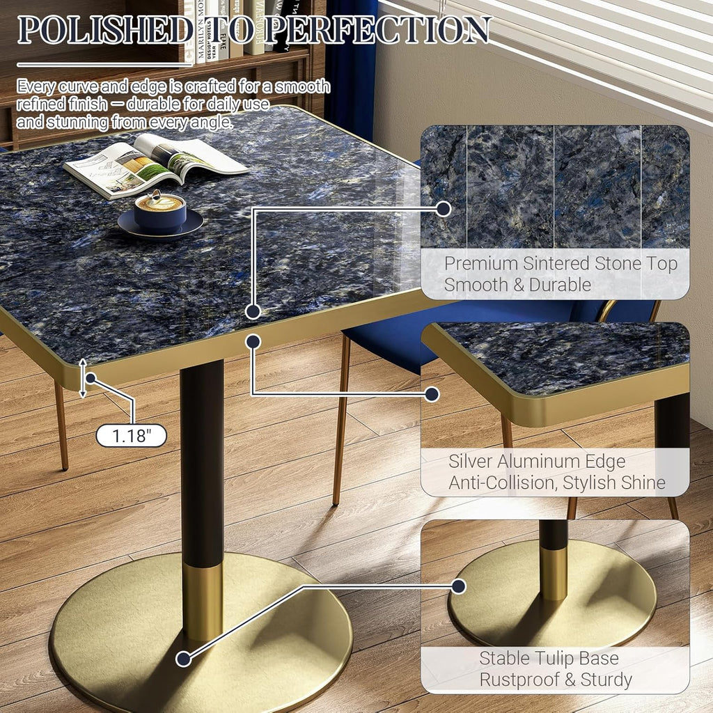 31.5'' Tulip Table, Square Pedestal Dining Table with Sintered Stone Tabletop, Gold Aluminum Alloy Edge & Base, Bistro Table for 2-4 Person for Kitchen/Cafe/Small Spaces/Restaurant (Sapphire Galaxy)