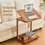 DUOMING Small Laptop Table with Wheels - Rolling Laptop Side Table Desk for Couch, Bedside Table Bedroom, Wooden TV Tray for Living Room, Teak