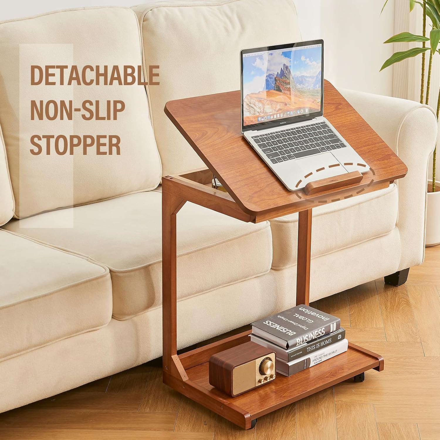 DUOMING Small Laptop Table with Wheels - Rolling Laptop Side Table Desk for Couch, Bedside Table Bedroom, Wooden TV Tray for Living Room, Teak