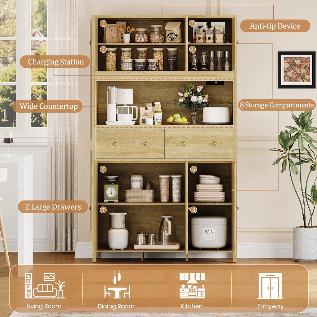 GarveeHome 71" Tall Kitchen Pantry Cabinet with Charing Station, Kitchen Pantry Storage Cabinet with Countertop, Modern Kitchens Hutch Cabinets with Storage for Living Room Dining Room, Natural